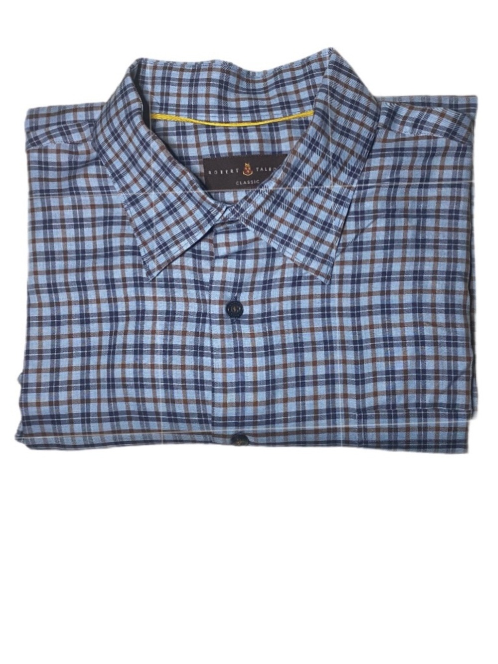 EUC Robert Talbott Blue and Brown Plaid Button-Down Lightweight Shirt Size XXL